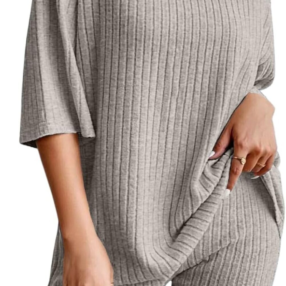 Heather Grey 2-Piece Ribbed Knit Pajama Sets for Women, Xx-Large